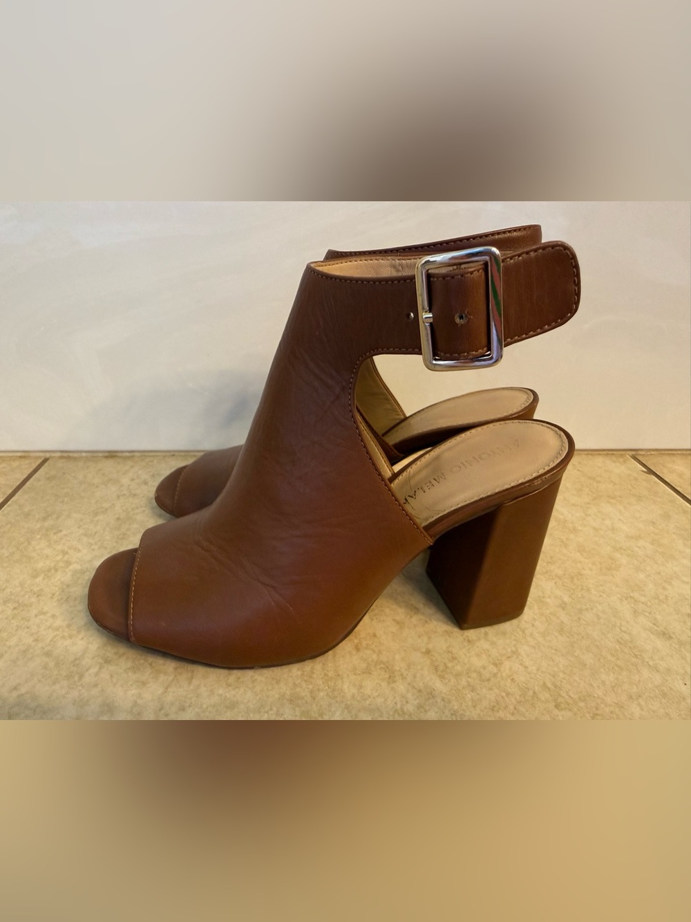 ANTONIO MELANI Brown Open-Toe Block Heel Sandals with Buckle Strap